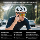 Man wearing a helmet and sunglasses with text about multifunctional one-touch control on a blurred road background