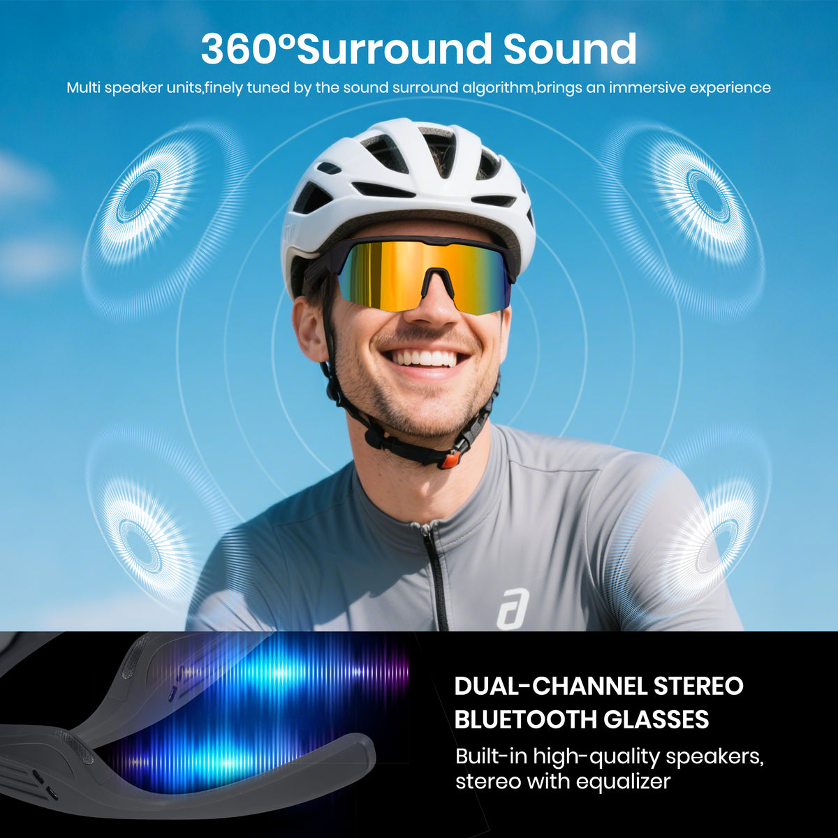 Man wearing a helmet and sunglasses with sound wave graphics and text about 360-degree surround sound and dual-channel stereo Bluetooth glasses.