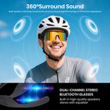 Man wearing a helmet and sunglasses with sound wave graphics and text about 360-degree surround sound and dual-channel stereo Bluetooth glasses.
