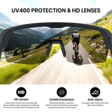 Sunglasses with UV400 protection and HD lenses, featuring a cyclist on a mountain road.