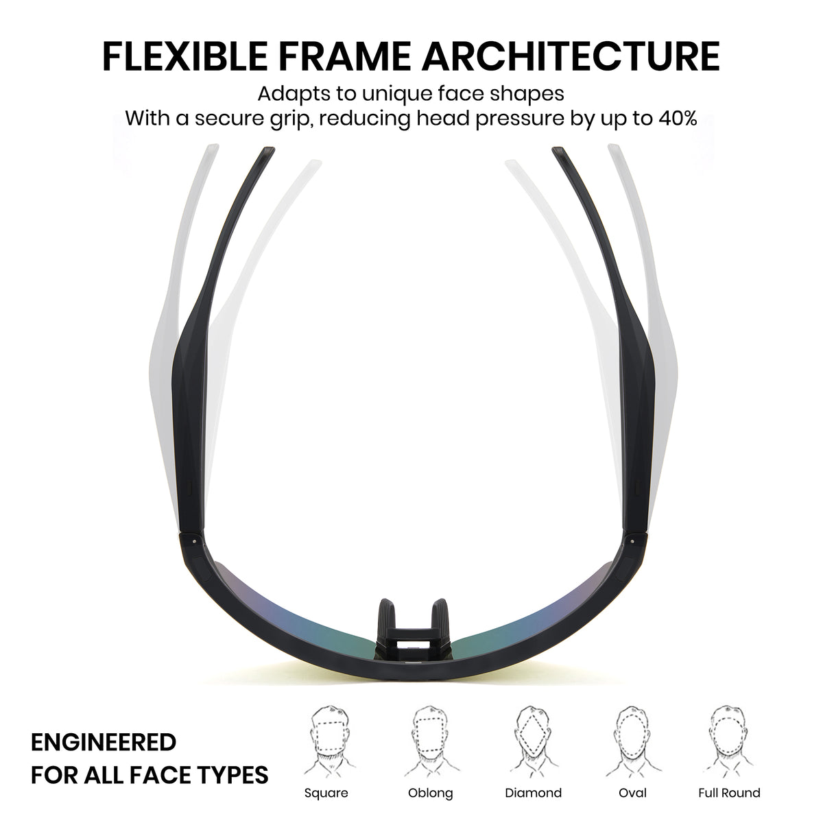 Glasses frame with flexible architecture on a white background