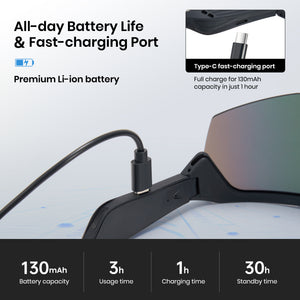 Goggles with a charging cable and battery information on a gray background