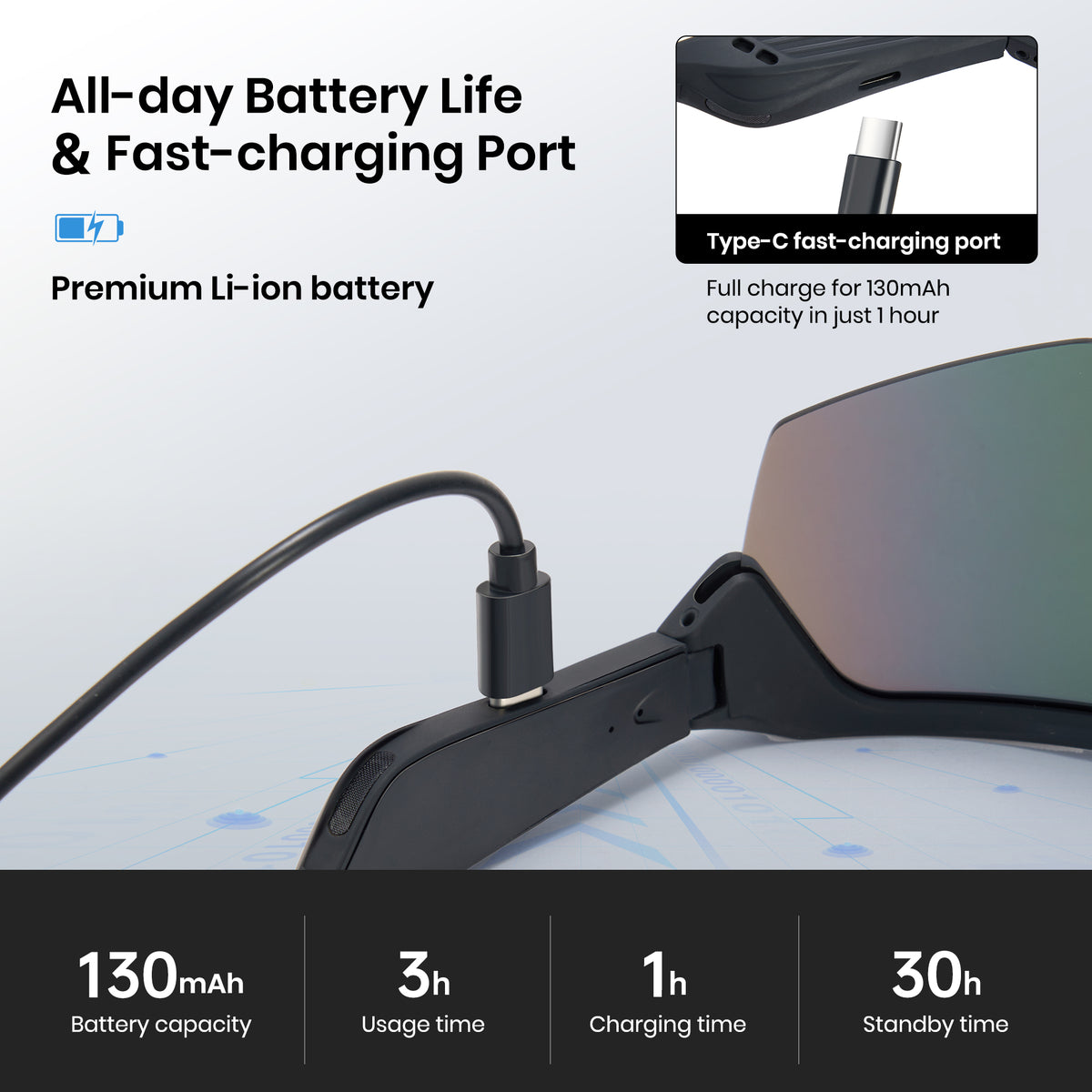 Goggles with a charging cable and battery information on a gray background