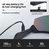 Goggles with a charging cable and battery information on a gray background