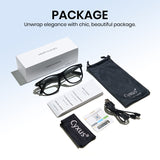 Cyxus smart glasses package with glasses, box, cleaning cloth, and USB cable on a light blue background.