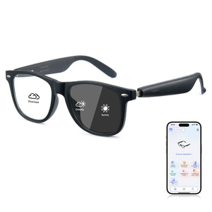 Smart glasses AI8284 Photochromic lens with weather display icons and a smartphone app on a white background