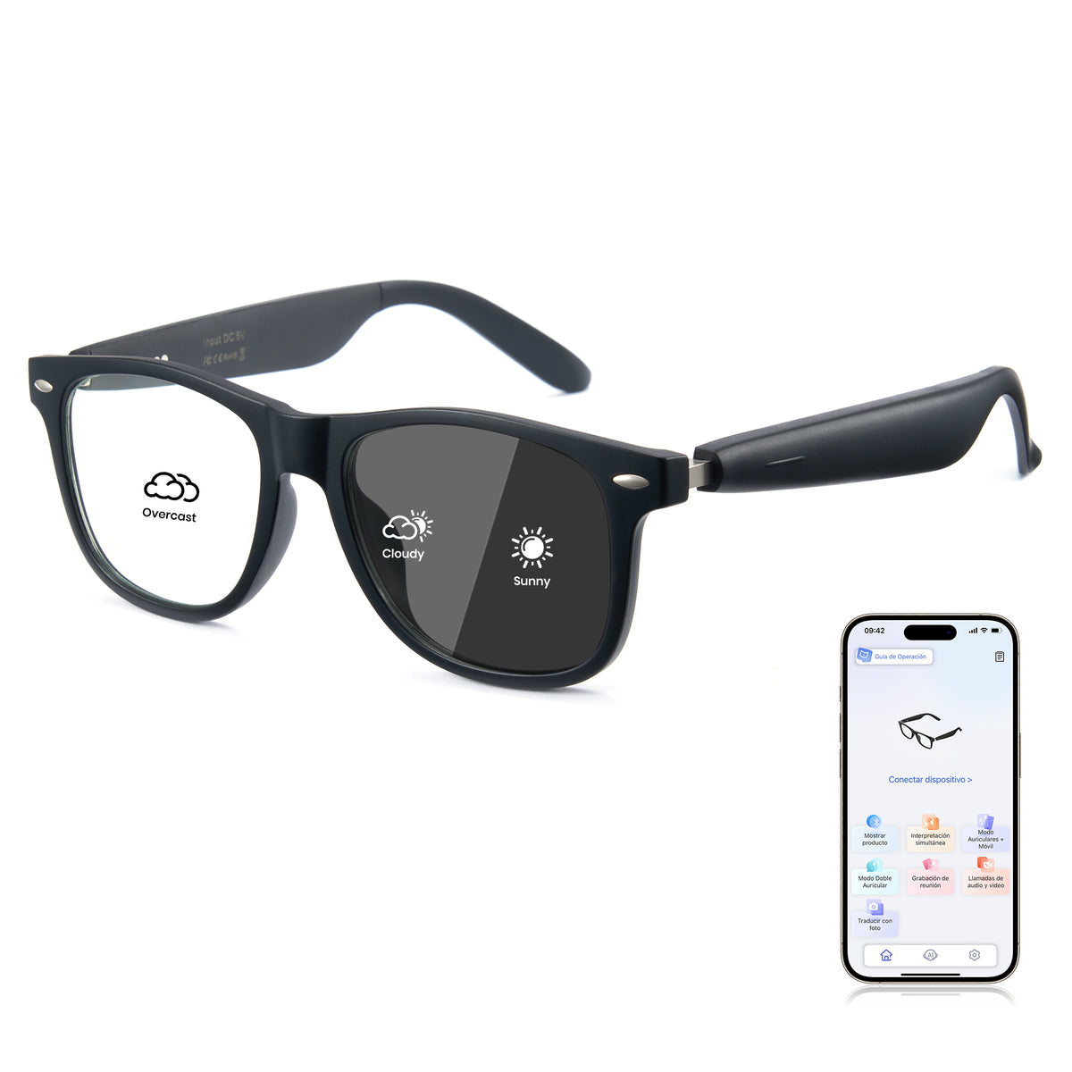 Smart glasses AI8284 Photochromic lens with weather display icons and a smartphone app on a white background