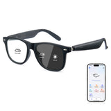 Smart glasses AI8284 Photochromic lens with weather display icons and a smartphone app on a white background