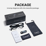 Cyxus smart glasses package with glasses, case, and instruction manual on a white background
