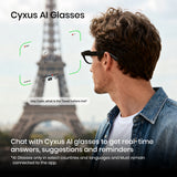 Man wearing Cyxus AI Glasses with Eiffel Tower in the background