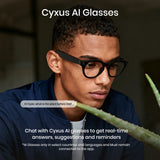 Person wearing Cyxus AI Glasses with text about interacting with the glasses for real-time responses.