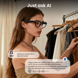 Woman in a store looking at clothes with AI weather information displayed on screen