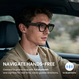 Man wearing glasses and a beige jacket sitting in a car with text about hands-free navigation and Bluetooth connectivity.