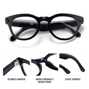 Black eyeglasses with features highlighted on a white background