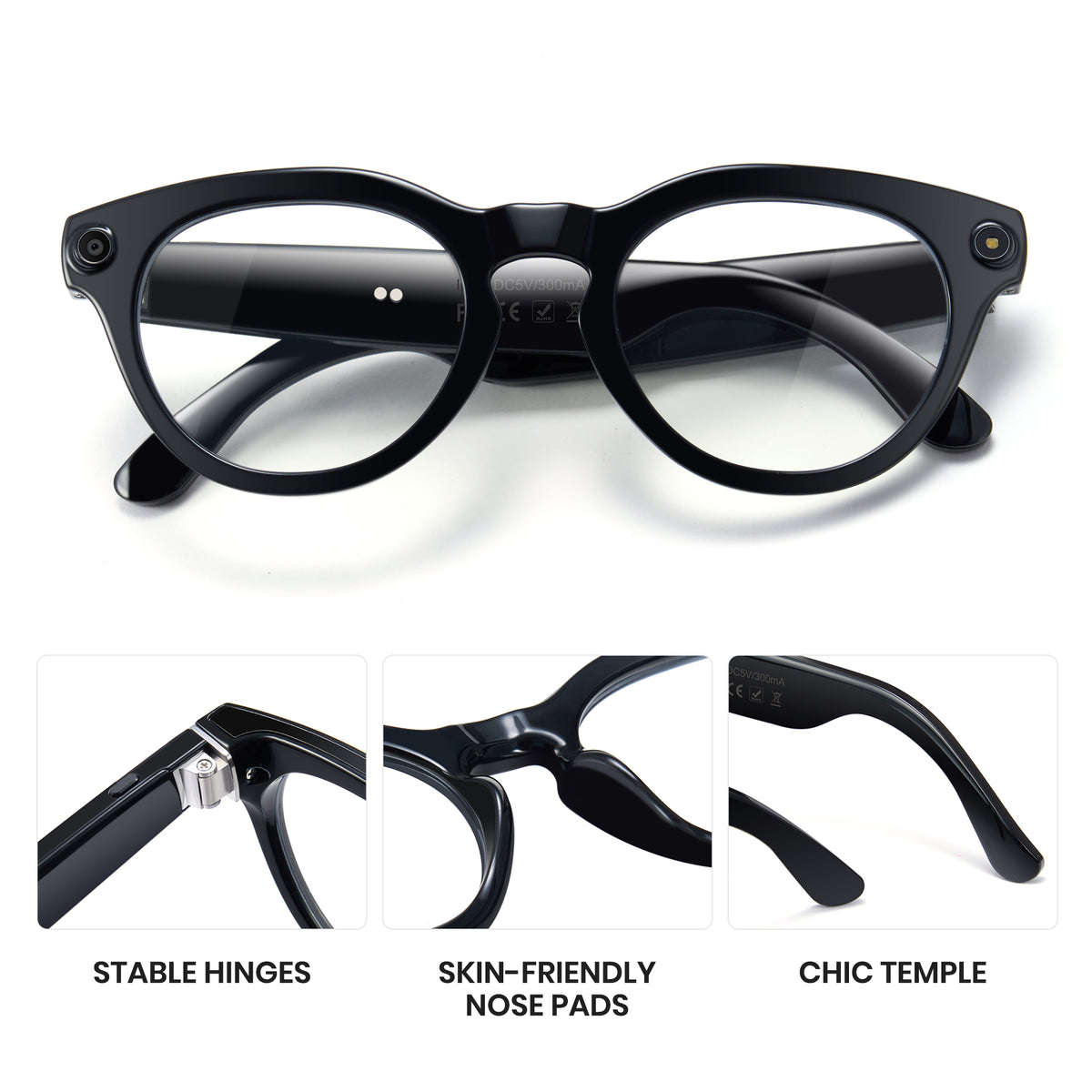 Black eyeglasses with features highlighted on a white background