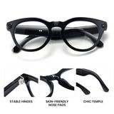 Black eyeglasses with features highlighted on a white background