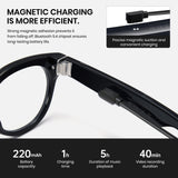 Smart glasses with magnetic charging feature and battery capacity details on a white background