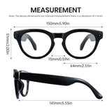 Black eyeglasses with measurements on a white background