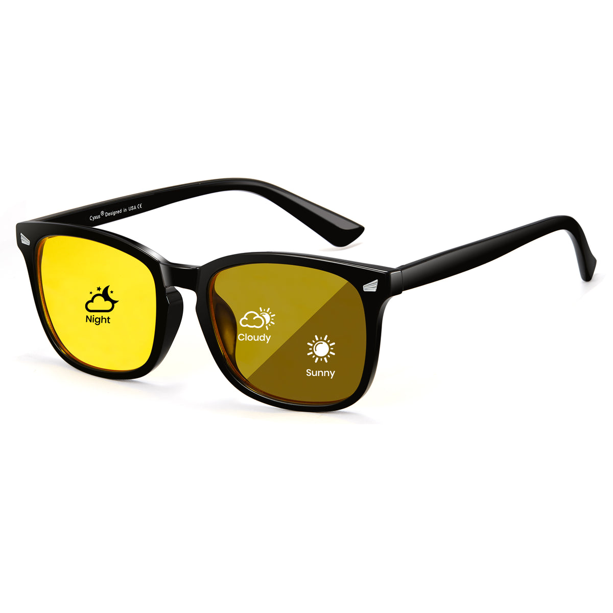 Glossy black photochromic night vision sunglasses, yellow to tea polarized lens, rectangle PC frame