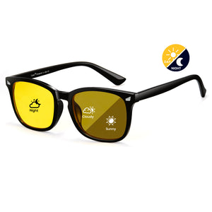 Glossy black photochromic night vision sunglasses, yellow to tea polarized lens, rectangle PC frame