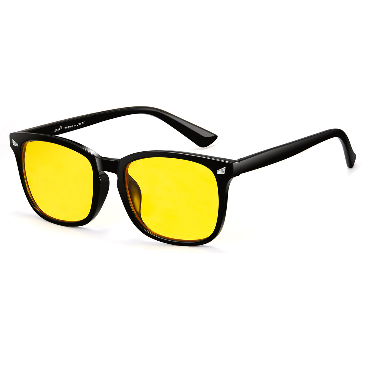 Glossy black photochromic night vision sunglasses, yellow to tea polarized lens, rectangle PC frame