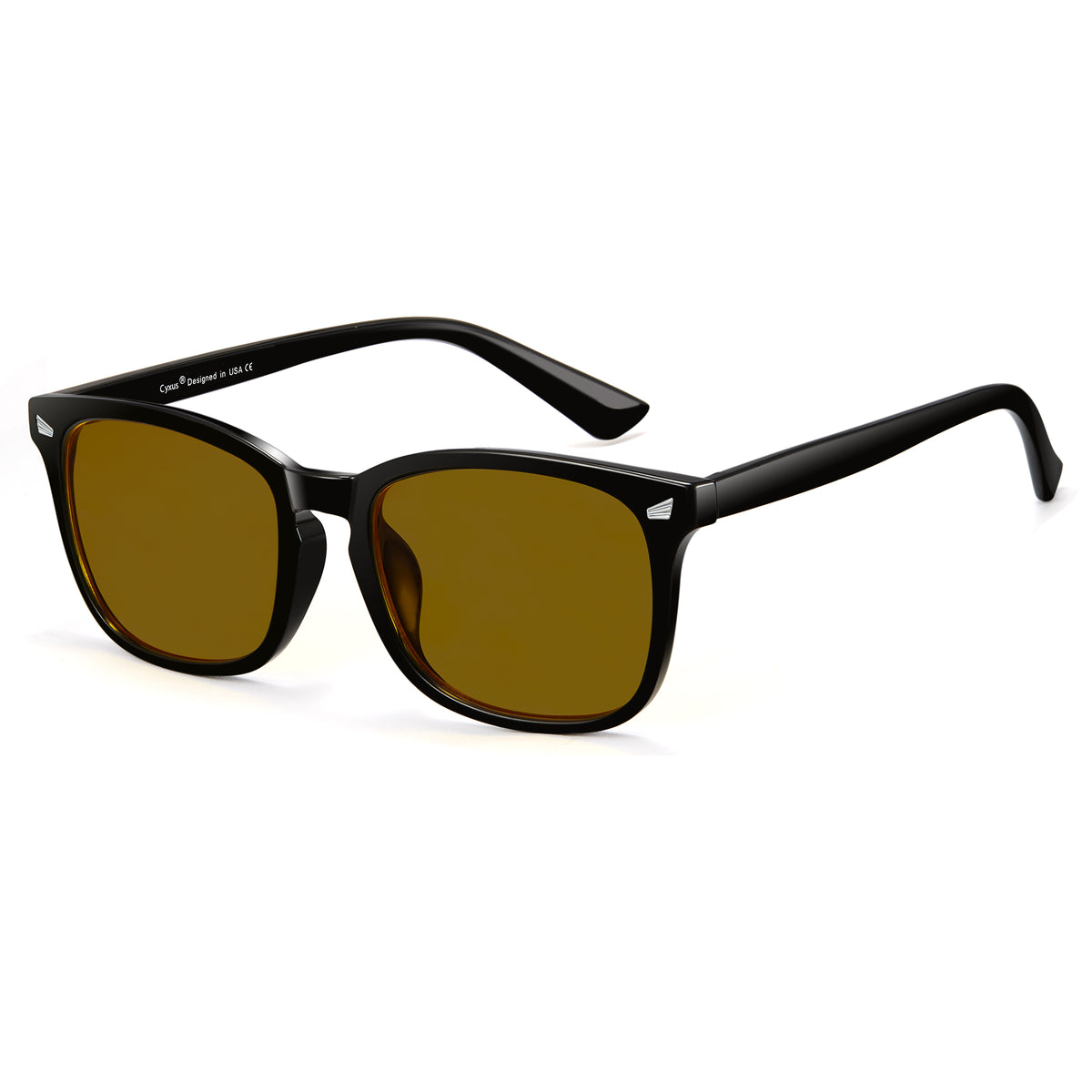 Glossy black photochromic night vision sunglasses, yellow to tea polarized lens, rectangle PC frame