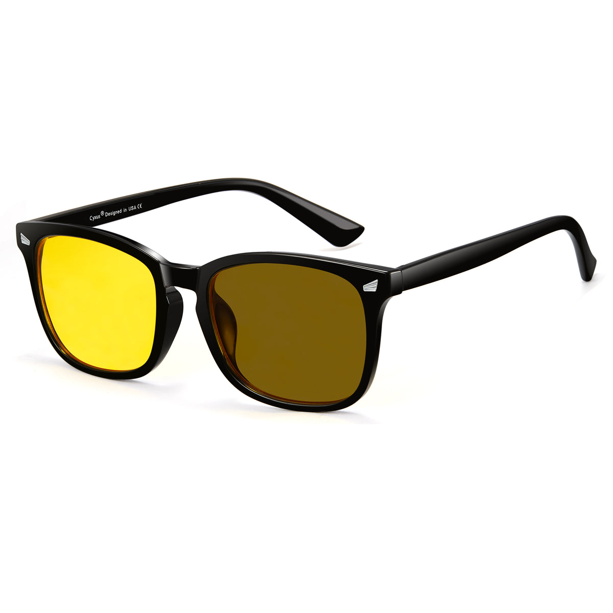 Glossy black photochromic night vision sunglasses, yellow to tea polarized lens, rectangle PC frame