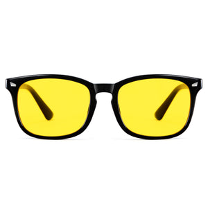 Glossy black photochromic night vision sunglasses, yellow to tea polarized lens, rectangle PC frame