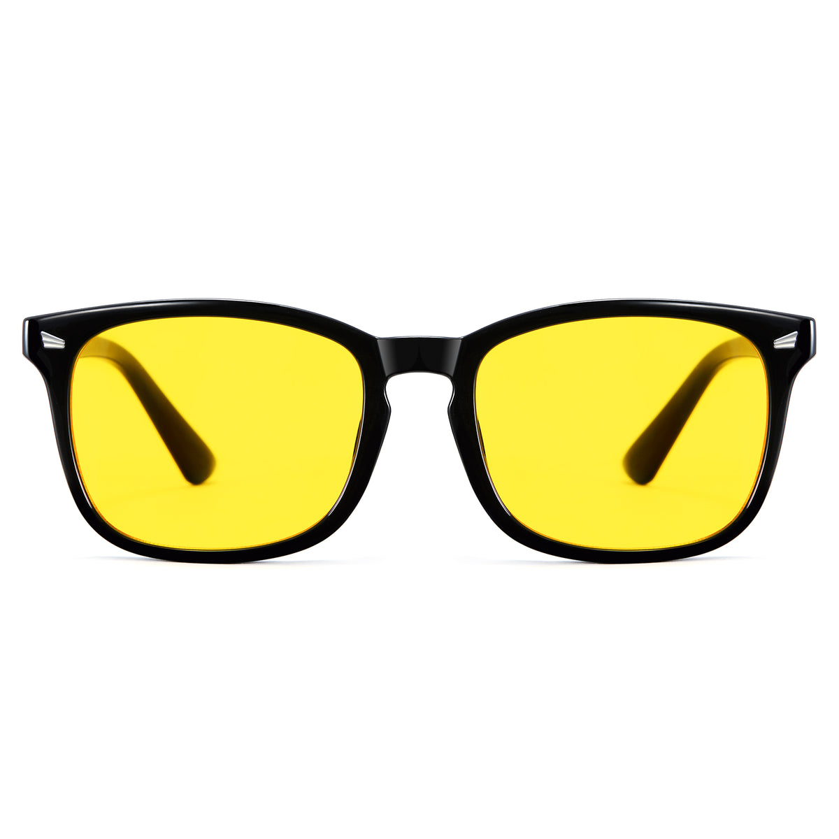 Glossy black photochromic night vision sunglasses, yellow to tea polarized lens, rectangle PC frame