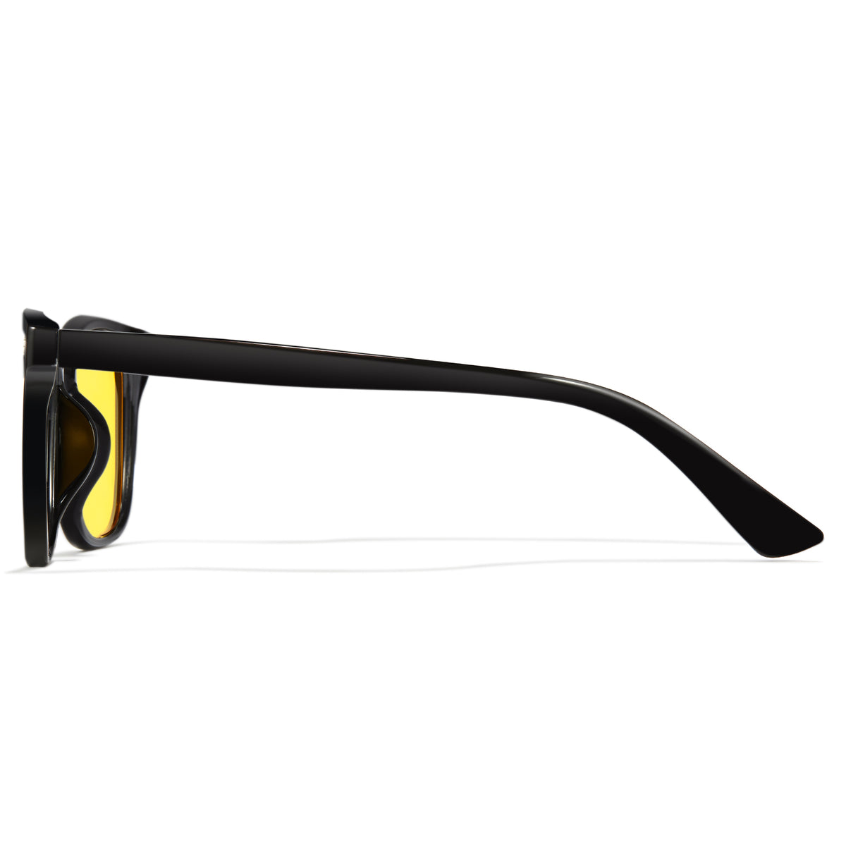 Glossy black photochromic night vision sunglasses, yellow to tea polarized lens, rectangle PC frame