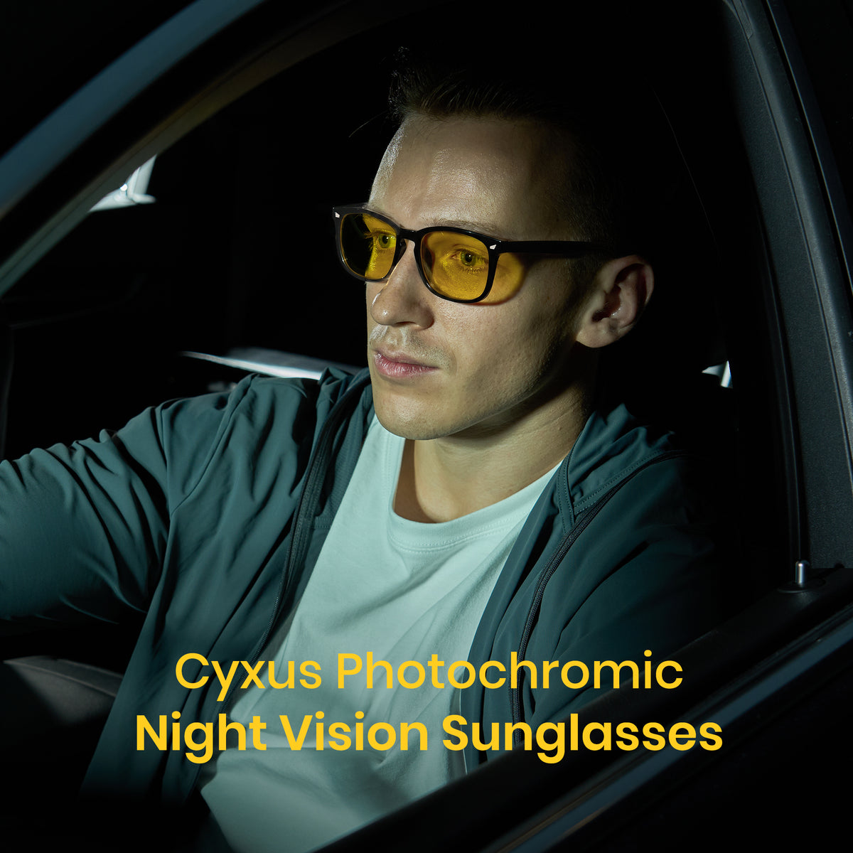 Glossy black photochromic night vision sunglasses, yellow to tea polarized lens, rectangle PC frame