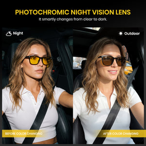 Glossy black photochromic night vision sunglasses, yellow to tea polarized lens, rectangle PC frame