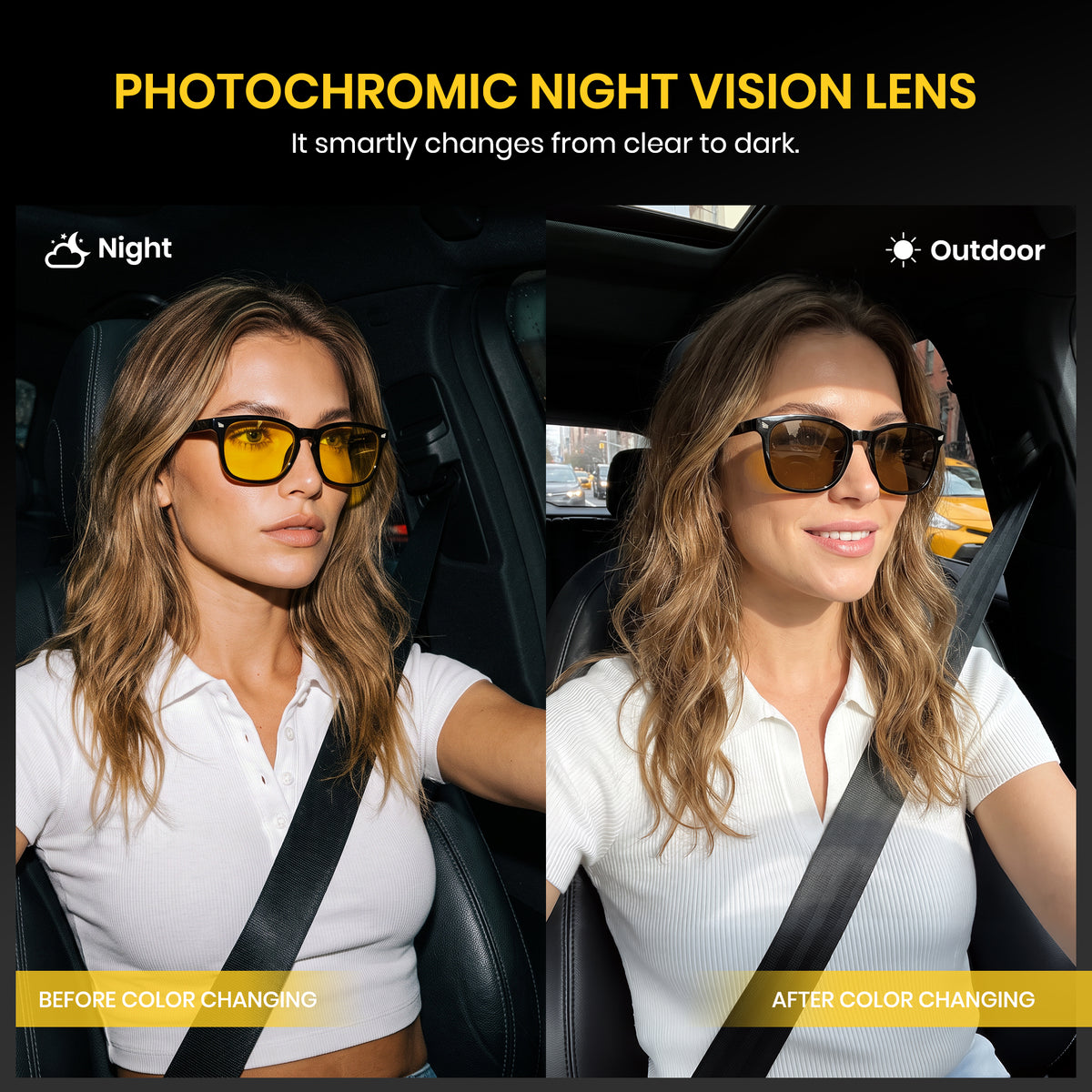 Glossy black photochromic night vision sunglasses, yellow to tea polarized lens, rectangle PC frame