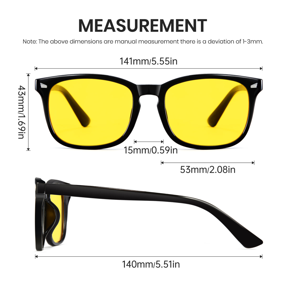 Glossy black photochromic night vision sunglasses, yellow to tea polarized lens, rectangle PC frame