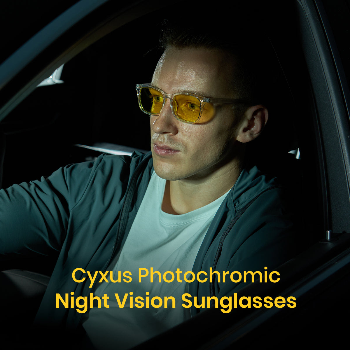 Rectangle photochromic driving sunglasses, polarized blue light blocking, yellow-tea lens, PC frame (P1082Hi34)