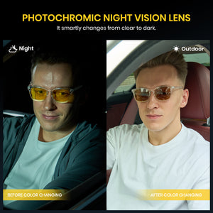 Rectangle photochromic driving sunglasses, polarized blue light blocking, yellow-tea lens, PC frame (P1082Hi34)