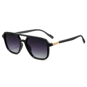 Glossy black aviator sunglasses, grey polarized lens, double bridge pilot shades