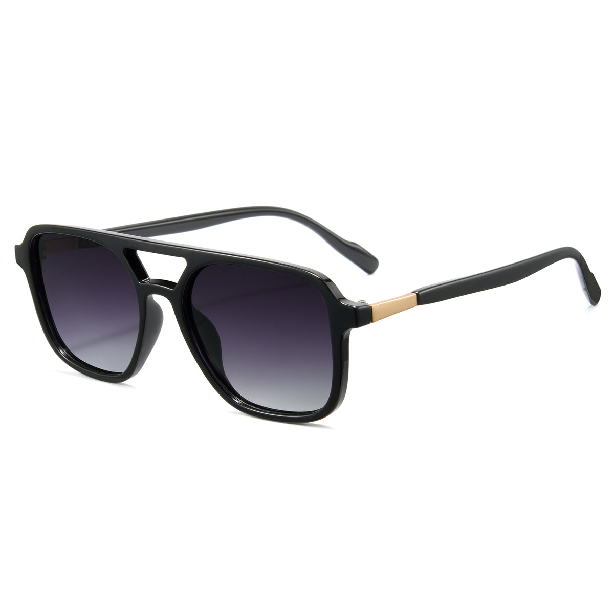 Glossy black aviator sunglasses, grey polarized lens, double bridge pilot shades
