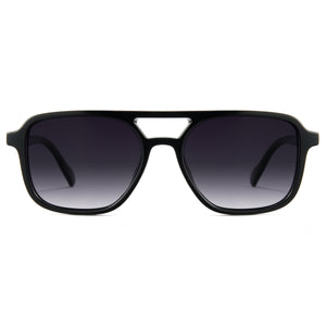 Glossy black aviator sunglasses, grey polarized lens, double bridge pilot shades