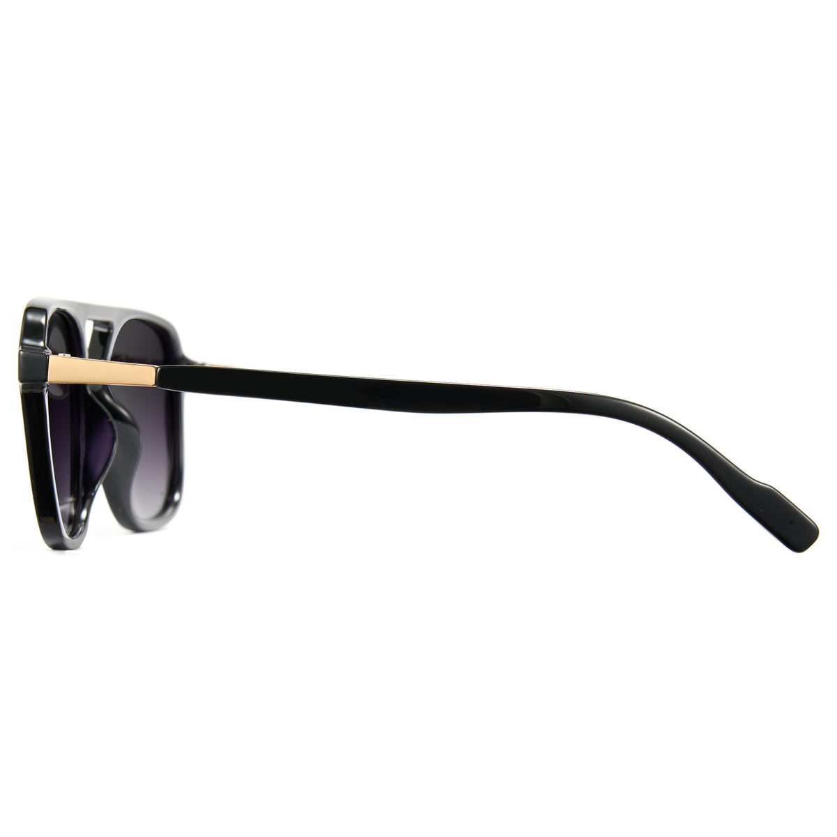 Glossy black aviator sunglasses, grey polarized lens, double bridge pilot shades