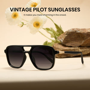 Glossy black aviator sunglasses, grey polarized lens, double bridge pilot shades