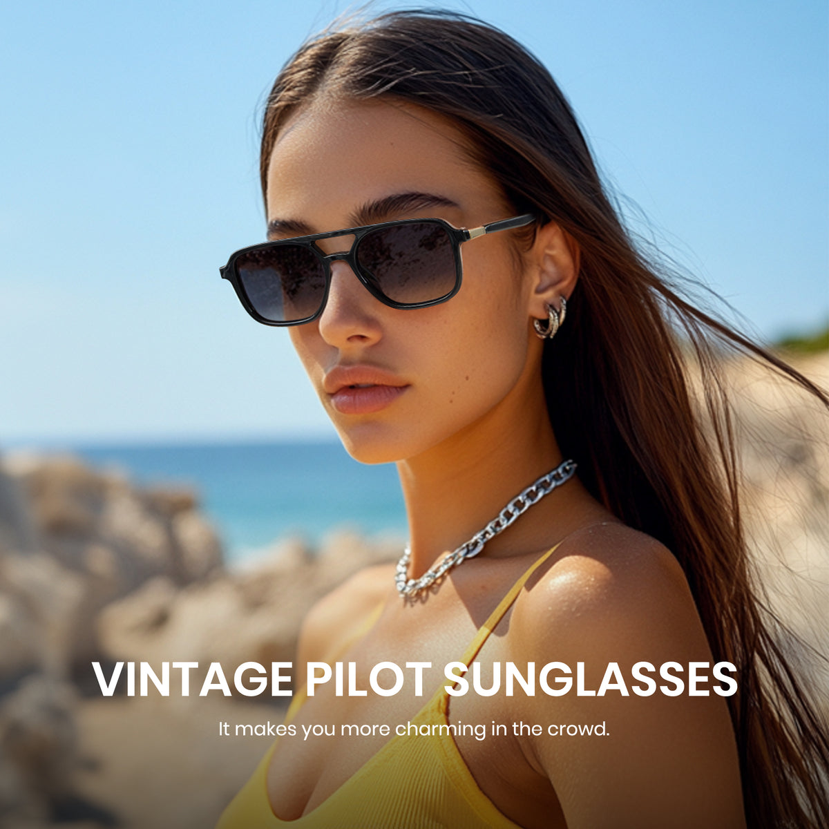 Glossy black aviator sunglasses, grey polarized lens, double bridge pilot shades