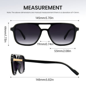 Glossy black aviator sunglasses, grey polarized lens, double bridge pilot shades