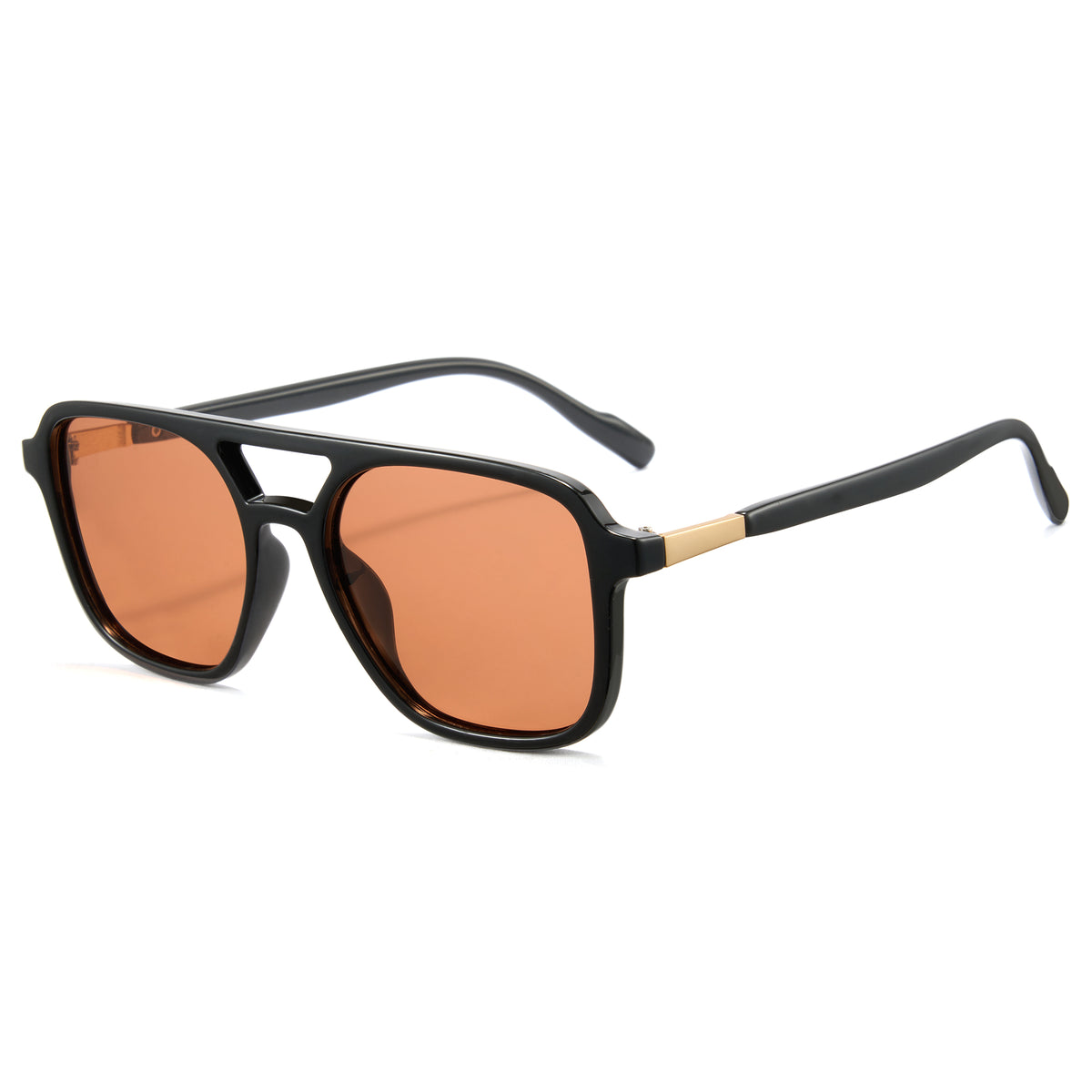 Glossy black aviator sunglasses, brown/orange polarized lens, double bridge