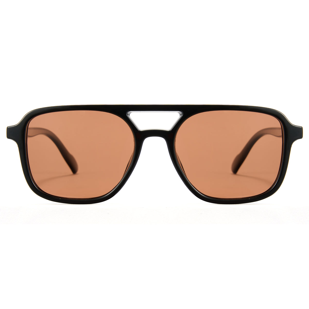 Glossy black aviator sunglasses, brown/orange polarized lens, double bridge