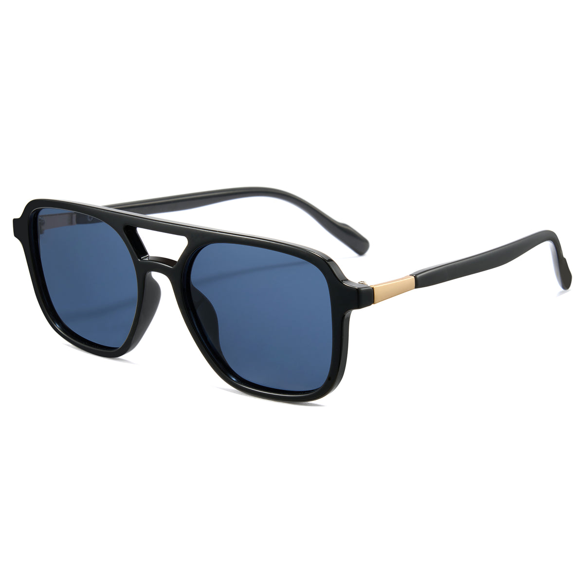 Glossy black pilot sunglasses, blue polarized lens, double bridge aviator