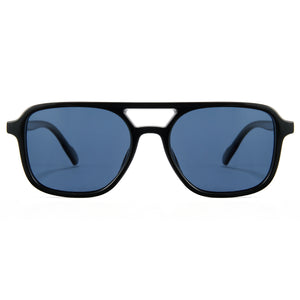 Glossy black pilot sunglasses, blue polarized lens, double bridge aviator