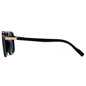 Glossy black pilot sunglasses, blue polarized lens, double bridge aviator