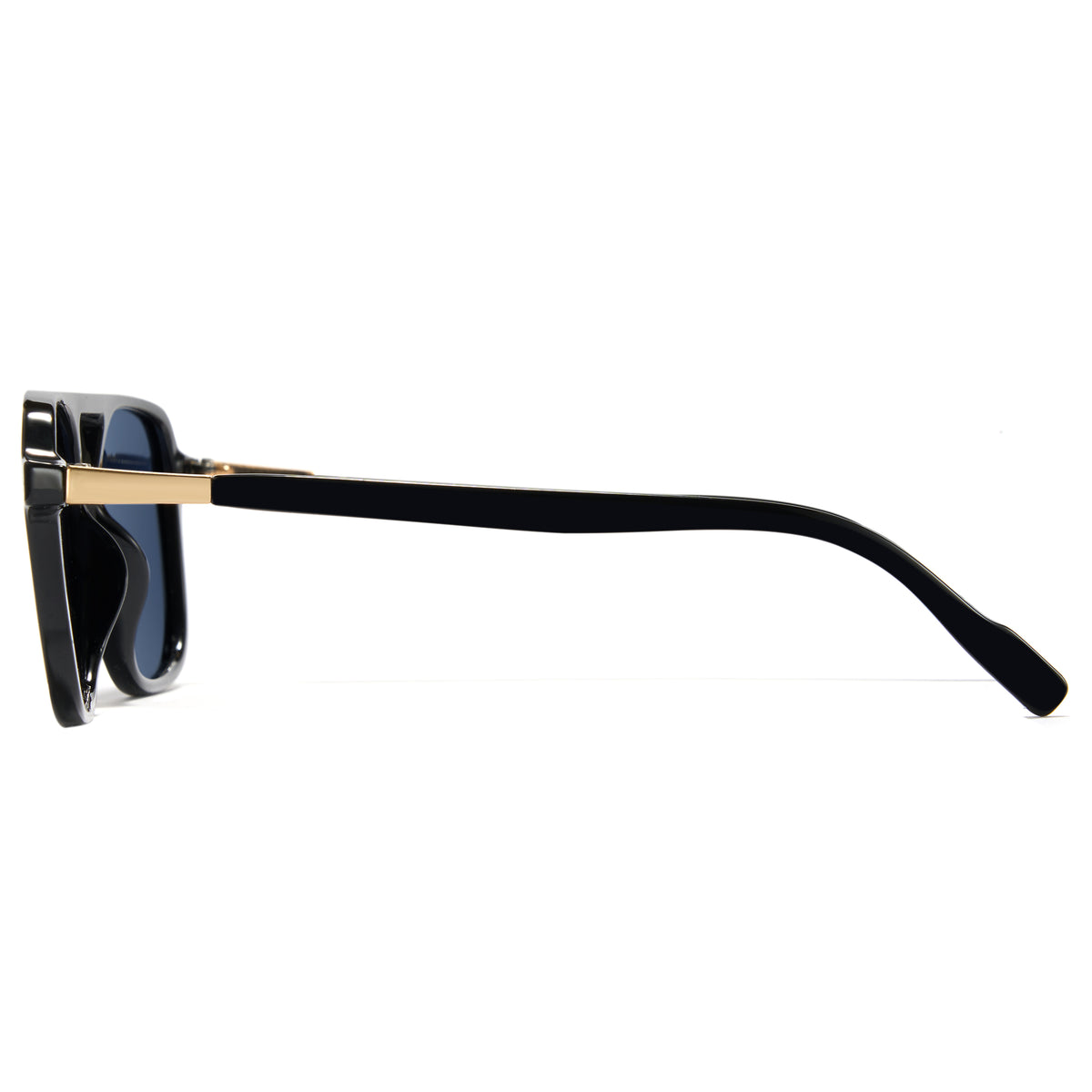 Glossy black pilot sunglasses, blue polarized lens, double bridge aviator