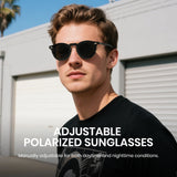 Man wearing Cyxus adjustable polarized sunglasses P1317 with text overlay
